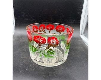 Vintage Red Morning Glory Floral Glass Ice Bucket Sunburst Base Mid Century