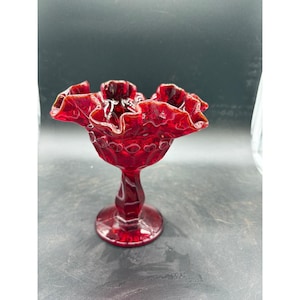 Vintage Fenton Ruby Red Hobnail Glass Compote Ruffled Edge Footed Candy Dish