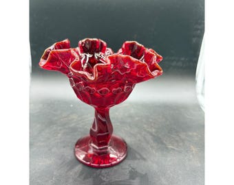 Vintage Fenton Ruby Red Hobnail Glass Compote Ruffled Edge Footed Candy Dish