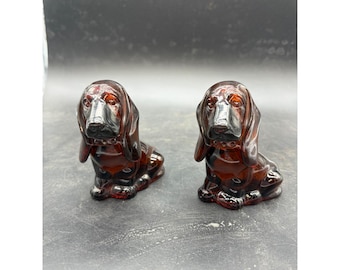 Vintage Avon Basset Hound Amber Glass Bottles Pair Collectible Dog Decanters