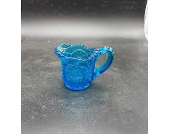 Vintage Blue Pressed Glass Miniature Creamer Starburst Pattern Pitcher 2.5 Inch