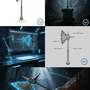 May include: A detailed image of a fantasy axe with a decorative head and a long handle. The axe head has intricate patterns and is highlighted with a glowing blue effect. The handle has a textured grip.