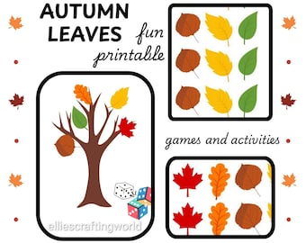 May include: A white background with the text "AUTUMN LEAVES fun printable" and illustrations of leaves and a tree. The image includes three rectangular boxes with leaf illustrations and dice. The text "games and activities" is also present.