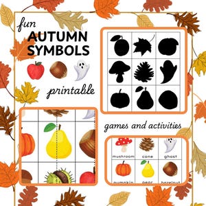 Könnte beinhalten: Ein druckbares Spiel zum Thema Herbst mit dem Text "fun AUTUMN SYMBOLS". Das Bild zeigt Illustrationen eines Apfels, einer Eichel, eines Geistes und anderer Herbstsymbole. Enthält ein Bingo-Spiel mit Silhouetten und beschrifteten Bildern.