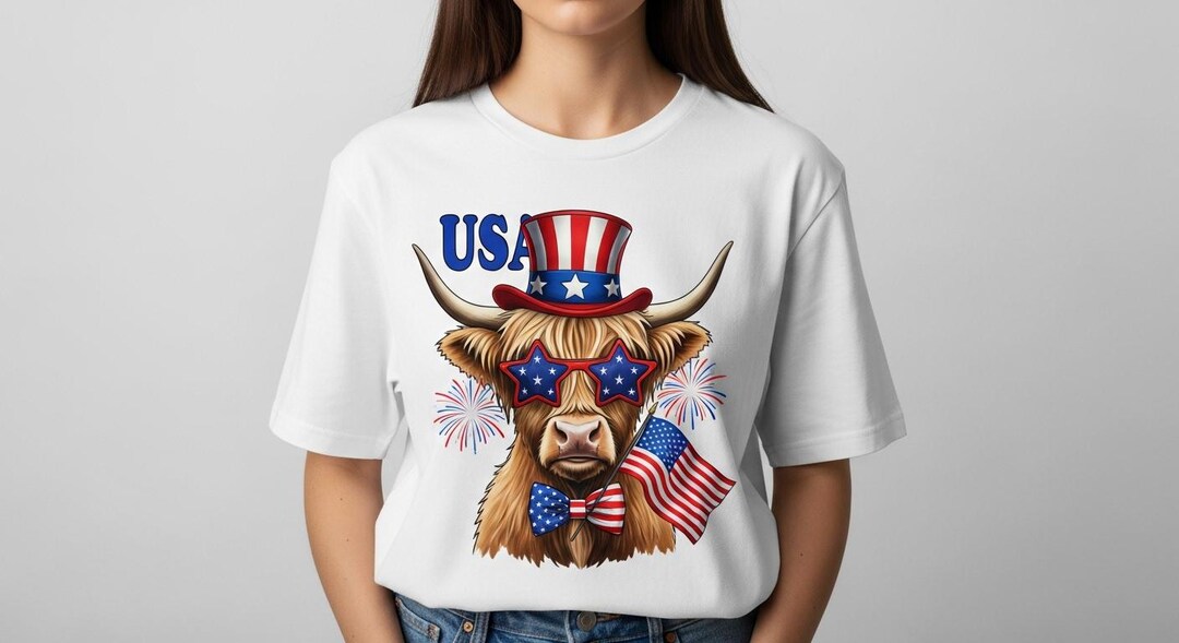 Patriotic Highland Cow PNG | American Flag Sunglasses Cow Sublimation ...