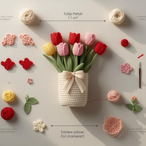 かぎ針編みチューリップブーケのパターン（PDF）｜リボン付きリブ編み鉢に入ったあみぐるみチューリップ｜DIYフラワーチュートリアル｜即時ダウンロード