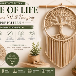 May include: A digital PDF pattern for a Tree of Life macramé wall hanging. The design features a circular frame with intricate knotted cord detailing forming a tree shape, finished with long fringe. The document includes 12" x 20" dimensions.