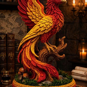 Könnte beinhalten: Gehäkelte Phönix-Skulptur in Rot-, Orange- und Gelbtönen. Der Vogel sitzt auf einem Ast, umgeben von Moos und Pilzen, auf einem dekorativen Sockel. Das detaillierte Kunstwerk wird auf einem Holztisch präsentiert.