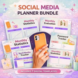 May include: A bundle of digital social media planner templates. The templates include monthly statistics, evaluation, and password trackers. An orange smartphone is held in the center. The text reads "Social Media Planner Bundle" and "Includes 7 Digital Templates!"