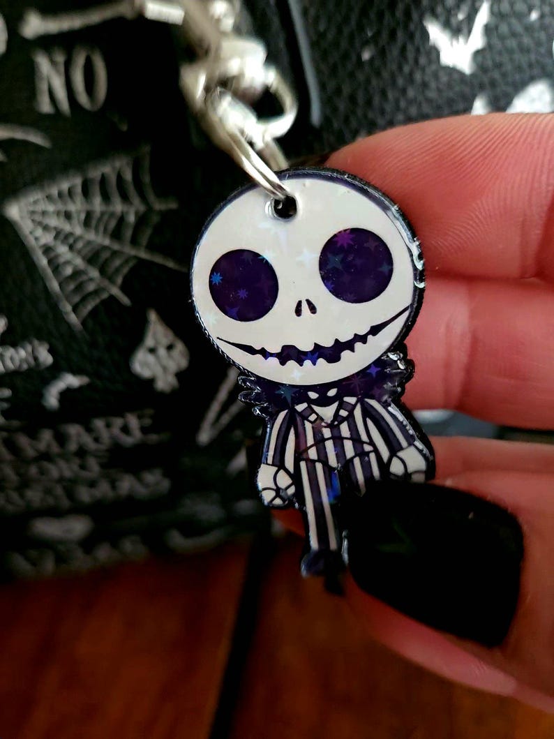 Jack Skellington Keychain, Holographic Backpack Charm, Halloween Gift, Acrylic Purse Charm, Goth Accessory image 1