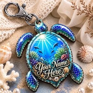 Personalisierter Acryl-Schlüsselanhänger mit Meeresschildkröte | Schlüsselanhänger mit individuellem Meeresnamen | Geschenk für Strandliebhaber | Doppelseitiger Schlüsselanhänger aus Kunstharz | Geschenk für Küstenfans