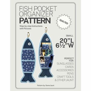 May include: A quilted fish-shaped pocket organizer pattern. The pattern includes step-by-step instructions with pictures. The organizer is 20 inches long and 6.5 inches wide. The design features a blue floral pattern and is ideal for storing sunglasses, cards, and accessories.