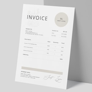 May include: A white invoice with the word "INVOICE" at the top, featuring a cake illustration. The invoice includes details such as the invoice number, date, and a list of services. A gray block is behind the invoice.