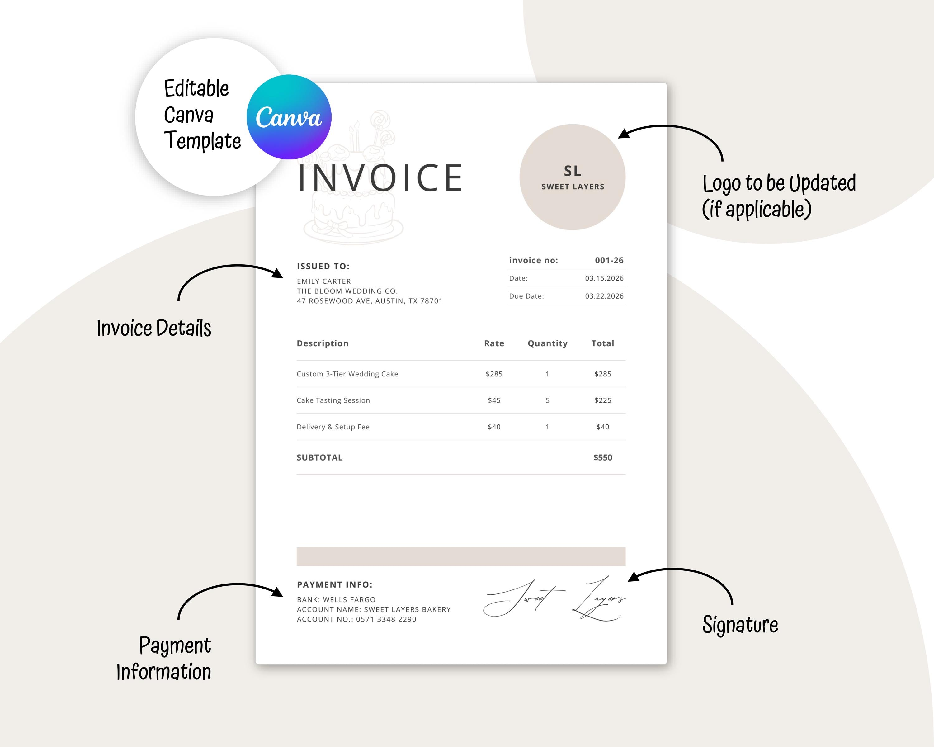 Bakery Invoice Template | Custom Cake Billing Form | Home Baker ...