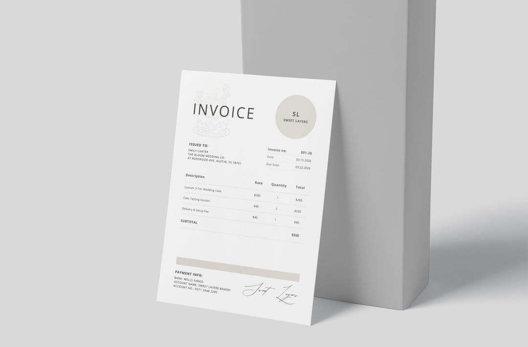 Bakery Invoice Template | Custom Cake Billing Form | Home Baker ...