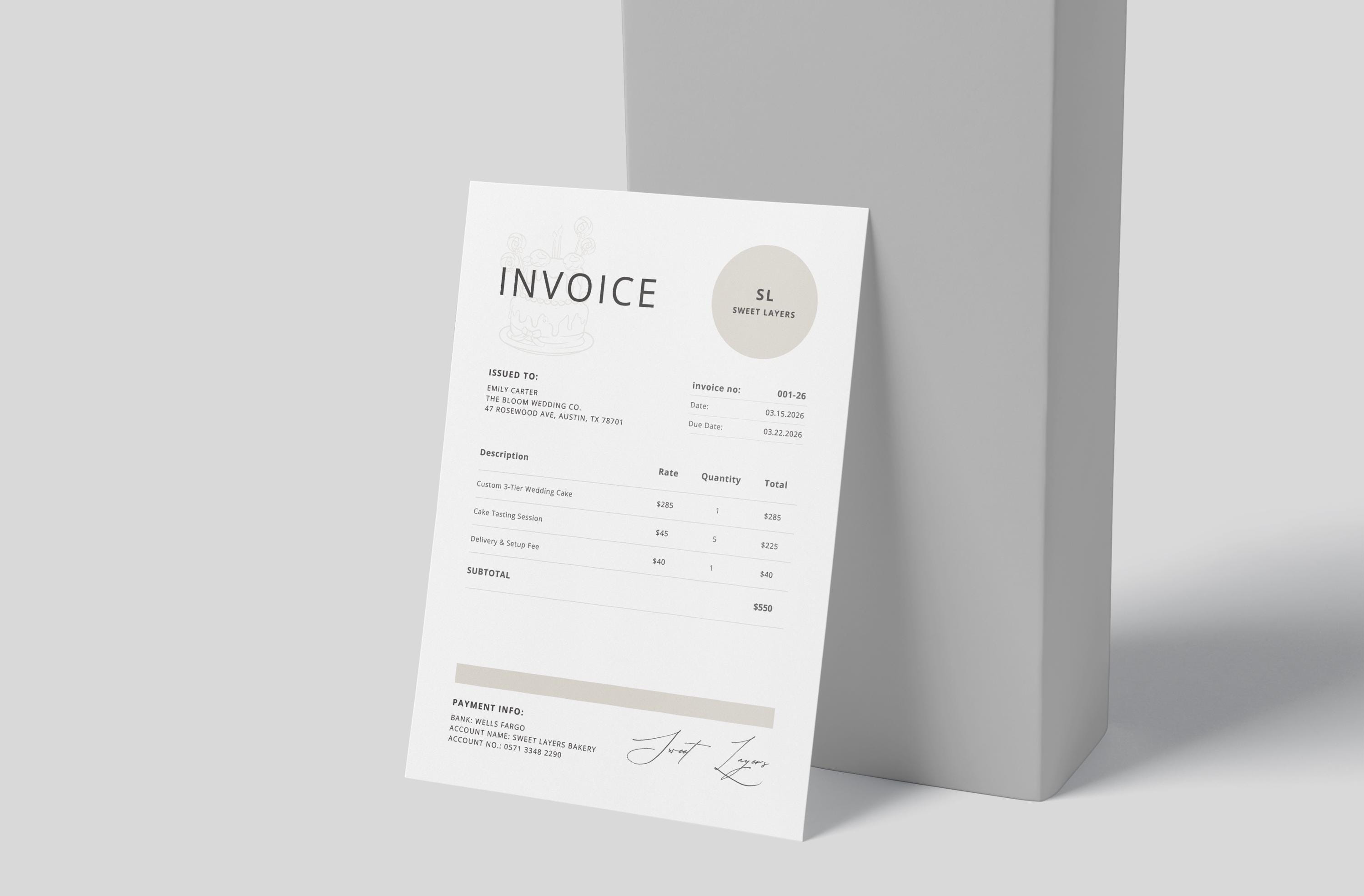 Bakery Invoice Template | Custom Cake Billing Form | Home Baker ...