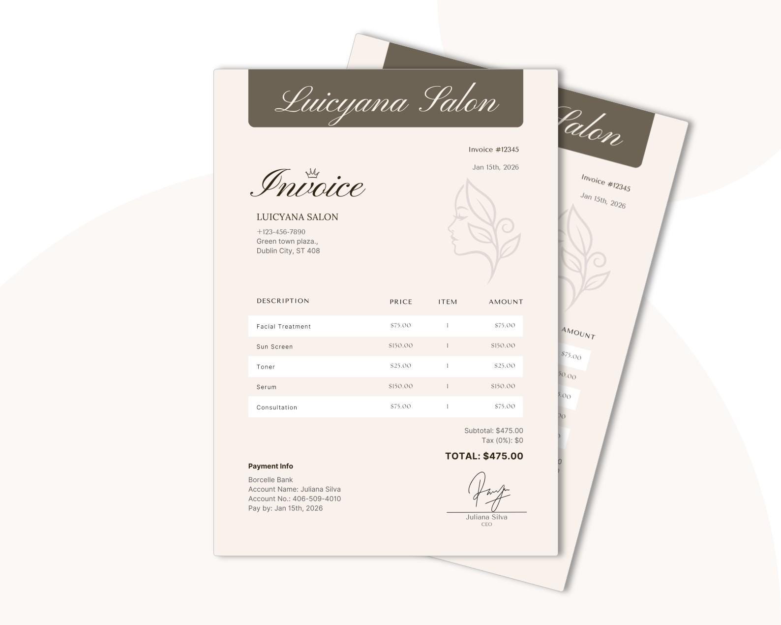Editable Beauty Salon Invoice Template | Spa Esthetician Billing Form ...
