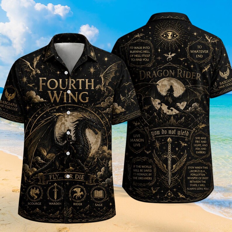 May include: A black short-sleeve button-down shirt featuring gold-toned illustrations of dragons, swords, and celestial motifs. The front displays the text "FOURTH WING" and "FLY... OR DIE," while the back features "DRAGON RIDER" and "you do not yield."