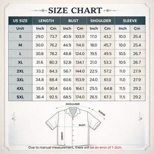 May include: A size chart for a shirt featuring a table with columns for US size, length, bust, shoulder, and sleeve measurements in both inches and centimetres for sizes S through 5XL, accompanied by a diagram showing where to measure.