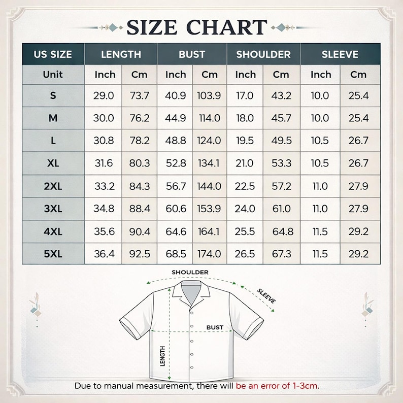 May include: A size chart for a shirt featuring a table with columns for US size, length, bust, shoulder, and sleeve measurements in both inches and centimetres for sizes S through 5XL, accompanied by a diagram showing where to measure.