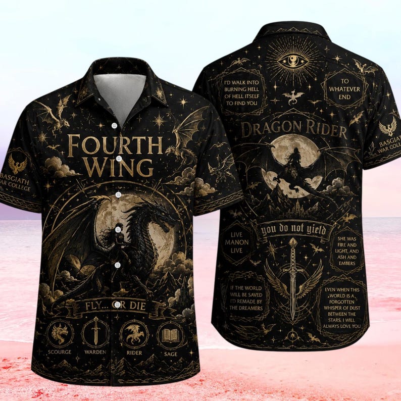 May include: A black short-sleeved button-down shirt featuring gold-toned illustrations of dragons, a rider, a sword, and text including "Fourth Wing," "Fly... or Die," "Dragon Rider," and "You do not yield" alongside various thematic quotes.