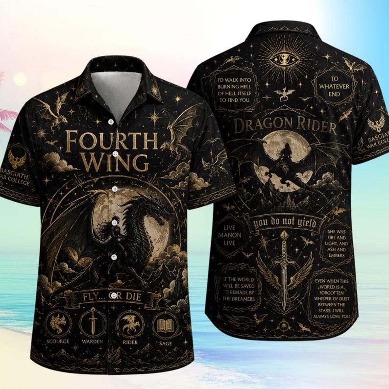 May include: A black short-sleeved button-down shirt featuring gold-toned illustrations of dragons, a rider, a sword, and stars. Text includes "FOURTH WING," "FLY... OR DIE," "DRAGON RIDER," "you do not yield," and various quotes set against a celestial background.