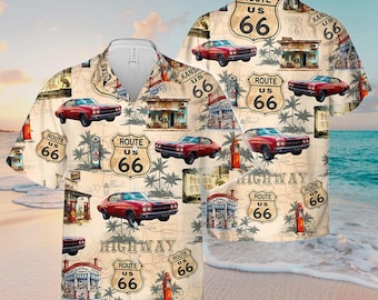 Route66 Hawaiian Shirt, Vintage Route 66 Road Trip Shirt, Classic Car Highway Shirt, USA Road Trip Vacation Shirt, Route 66 Gift Travelers