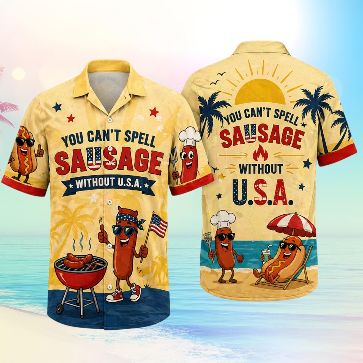 Discover Funny Sausage Hawaiian Shirt, Patriotic 4th of July Aloha Shirt, BBQ USA Beach Tee