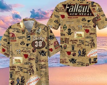 Fallout New Vegas Hawaiian Shirt, Lucky 38 Vegas Button Shirt, Post Apocalyptic Summer Shirt, New Vegas Fan Gift, Mojave Express Gift