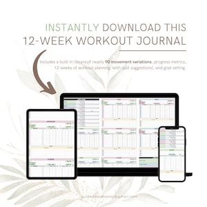 Può includere: Un diario di allenamento digitale di 12 settimane visualizzato su laptop, tablet e smartphone. Il diario include una libreria integrata di variazioni di movimento, metriche di progresso, pianificazione dell'allenamento e definizione degli obiettivi.