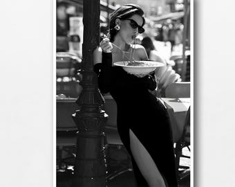 Chic Pasta Girl Fashion Wall Art, Black and White Italian Kitchen Decor (Digital Download)