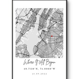 Mapa con coordenadas personalizadas: Donde todo comenzó. Arte de pared personalizado. Regalo de aniversario.