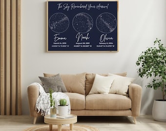 Mappa stellare personalizzata per bambini, grafico astrologico di nascita per 3 bambini, stampa personalizzata delle costellazioni per fratelli e sorelle
