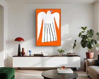 Minimalist White Bird Art Print, Orange Abstract Scandinavian Decor (Digital Download)