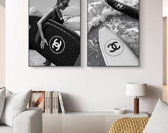 Chanel Coastal Surf Wall Art Set of 2, Black White Beach Prints, Modern Designer Wall Decor