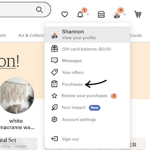 May include: Screenshot of an Etsy profile menu, with the user's profile picture and options including "Purchases" highlighted with an arrow. Other options include "Gift card balance", "Messages", and "Your offers".