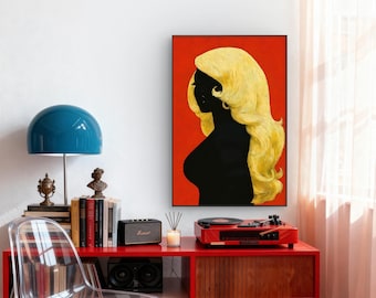 Blonde Silhouette Portrait Print, Bold Red Fashion Art (Digital Download)