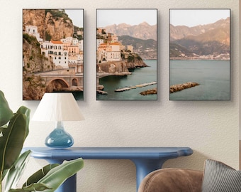 Amalfi Coast Wall Art Set of 3, Mediterranean Coastal Prints, Italian Landscape Gallery Wall