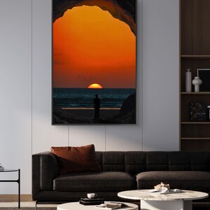 Lámina imprimible de puesta de sol en el océano, arte paisajístico moderno, póster de puesta de sol naranja, decoración de pared grande, descarga digital