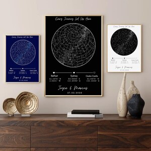 Peut inclure: Trois affiches murales rectangulaires présentant des cartes stellaires circulaires. Les impressions affichent le texte "Every Journey Led Us Here", "Joyce & Marcus", "27.03.2026" et des lieux comme Belfast, Sydney et Osaka Castle avec coordonnées.