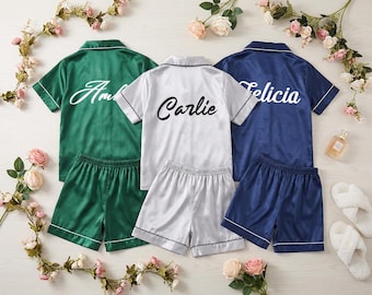 Custom Kids Satin Pajamas with Name – Personalized Flower Girl Sleepwear Set, Bridal Party Gift, Button-Down