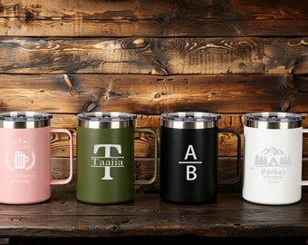 Monogrammed 12 oz Insulated Coffee Mug with Slider Lid, Laser Engraved Powder-Coated Stainless Steel Tumbler, Car Cup Friendly