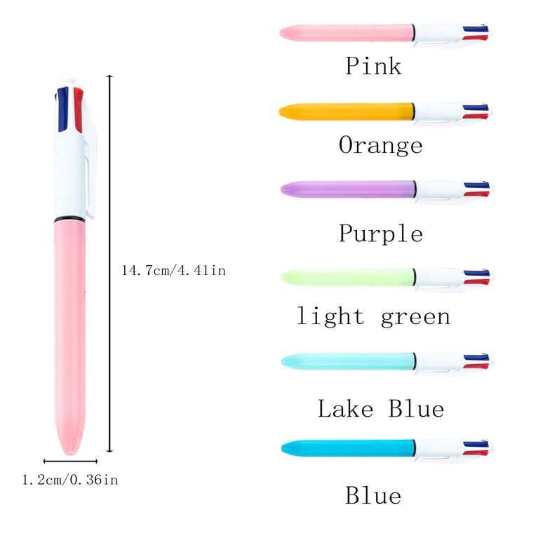 May include: A pink multi-color pen with a white clip and a blue, red, and white tip. The pen is 4.41 inches long and 0.36 inches wide. The image also shows pens in orange, purple, light green, lake blue, and blue.