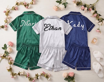 Custom Kids Satin Pajamas with Name, 3D Thick-plate foaming Process, Personalized Flower Girl Sleepwear Set, Bridal Party Gift, Button-Down