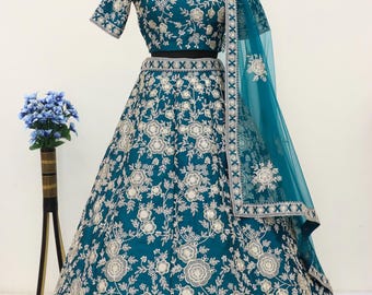 Teal Art Silk Lehenga Choli with Soft Net Dupatta, Heavy Embroidered Bridal Wedding Party Wear Designer Ethnic Outfit for Women