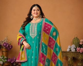 Designer Chinon Silk Embroidered Punjabi Salwar Suit with Multicolor Bandhani Dupatta for Women Festive Wear