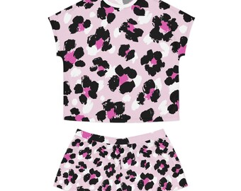 Pink Black Leopard Print Pajama Set | Short Sleepwear Top and Shorts