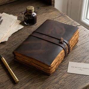 May include: A dark brown leather journal with a wrap-around strap closure and rough-edged, tan-colored pages. Beside it lies a brass fountain pen, a small glass ink bottle, a sprig of dried lavender, and a card labeled THE RUSTIC INKWELL - Etsy.