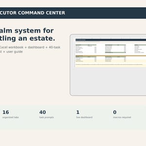 Op de afbeelding: Een digitaal Excel-werkmap sjabloon genaamd Executor Command Center voor het afwikkelen van een nalatenschap. Het bevat een werkmap met 16 tabbladen, een dashboard, een checklist met 40 taken en een gebruikershandleiding. De interface toont georganiseerde tabbladen.
