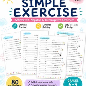 May include: A grammar worksheet titled Present Simple Exercise featuring sections for affirmative, negative, and interrogative sentences. The page includes 80 sentences for practice, labelled for grades 6-9, with icons for grammar, sentence building, and teaching.